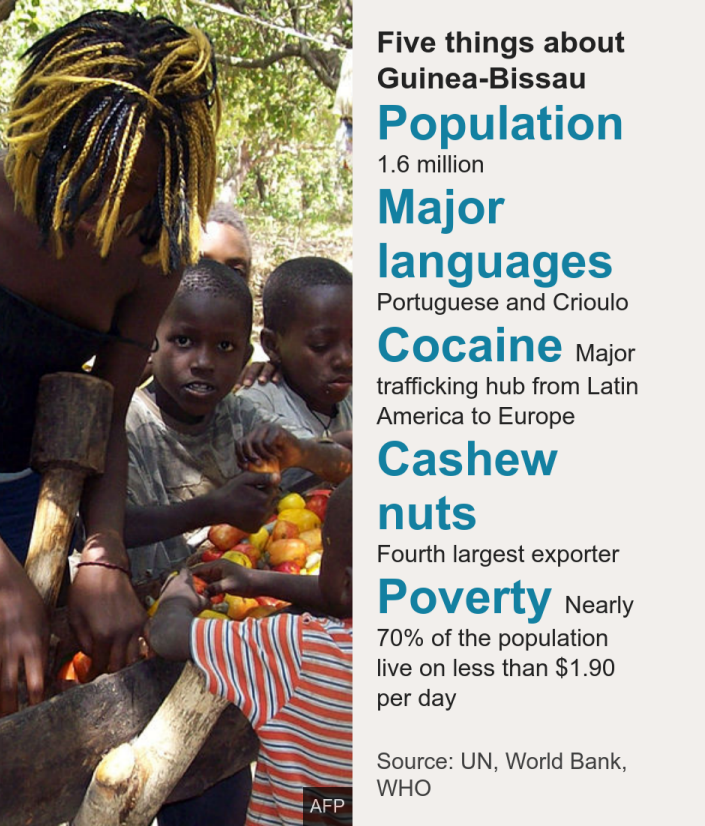 خمسة أشياء عن غينيا بيساو. [ Population 1.6 million ]،[ Major languages Portuguese and Crioulo ]،[ Cocaine Major trafficking hub from Latin America to Europe ]،[ Cashew nuts Fourth largest exporter ]،[ Poverty Nearly 70% of the population live on less than $1.90 per day ]المصدر: المصدر: الأمم المتحدة ، البنك الدولي ، منظمة الصحة العالمية ، الصورة: أطفال يفرزون الطماطم