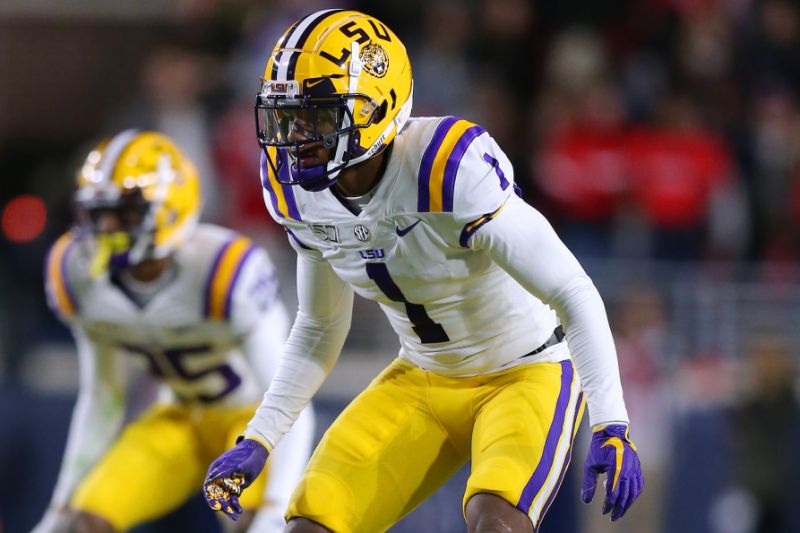 LSU cornerback Kristian Fulton waits for the snap against the Mississippi Rebels on Nov. 16, 2019 in Oxford, Mississippi. (Photo by Jonathan Bachman/Getty Images)