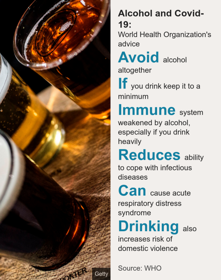 الكحول و Covid-19 :. نصيحة منظمة الصحة العالمية [ Avoid alcohol altogether ]،[ If you drink keep it to a minimum ]،[ Immune system weakened by alcohol, especially if you drink heavily ]،[ Reduces ability to cope with infectious diseases ]،[ Can cause acute respiratory distress syndrome ]،[ Drinking also increases risk of domestic violence ]، المصدر: المصدر: منظمة الصحة العالمية ، الصورة: أكواب من الكحول