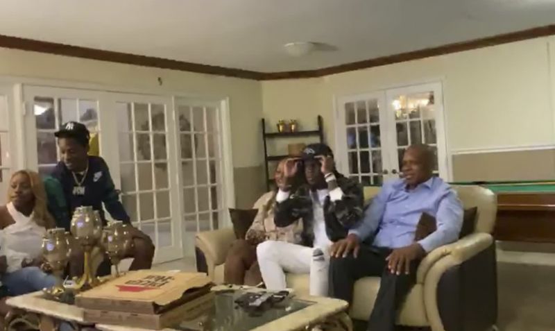 Jerry Jeudy, second from right, reacts after being selected by the Denver Broncos during the first round of the 2020 NFL draft. (Photo by NFL via Getty Images)