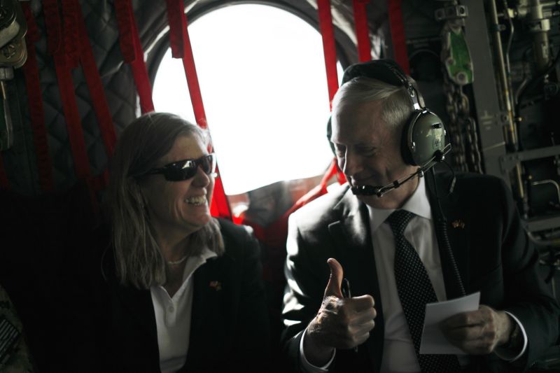 KABUL, AFGHANISTAN - APRIL 24: U.S. Defense Secretary James Mattis (R) gives senior advisor Sally Donnelly (L) a thumbs-up as they discuss their schedule upon arriving via helicopter at Resolute Support headquarters on April 24, 2017 in in Kabul, Afghanistan. Mattis is on a regional tour of the Middle East. (Photo by Jonathan Ernst - Pool/Getty Images)